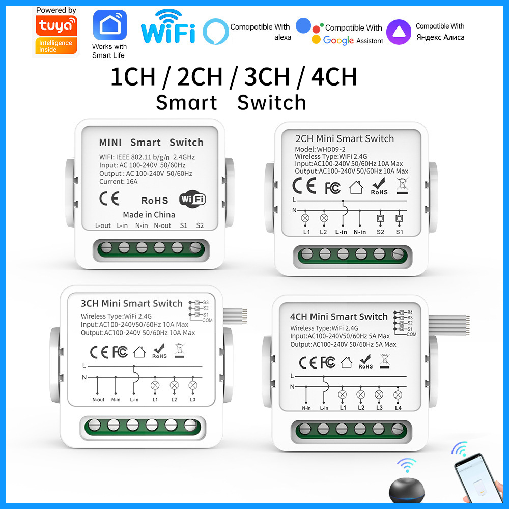 Smart Accessories - Tuya WiFiスマートスイッチ 1/2/3/4連 4ウェイ ミニスマートライトブレーカー スマートライフ、アレクサ、グーグルホームの音声制御に対応