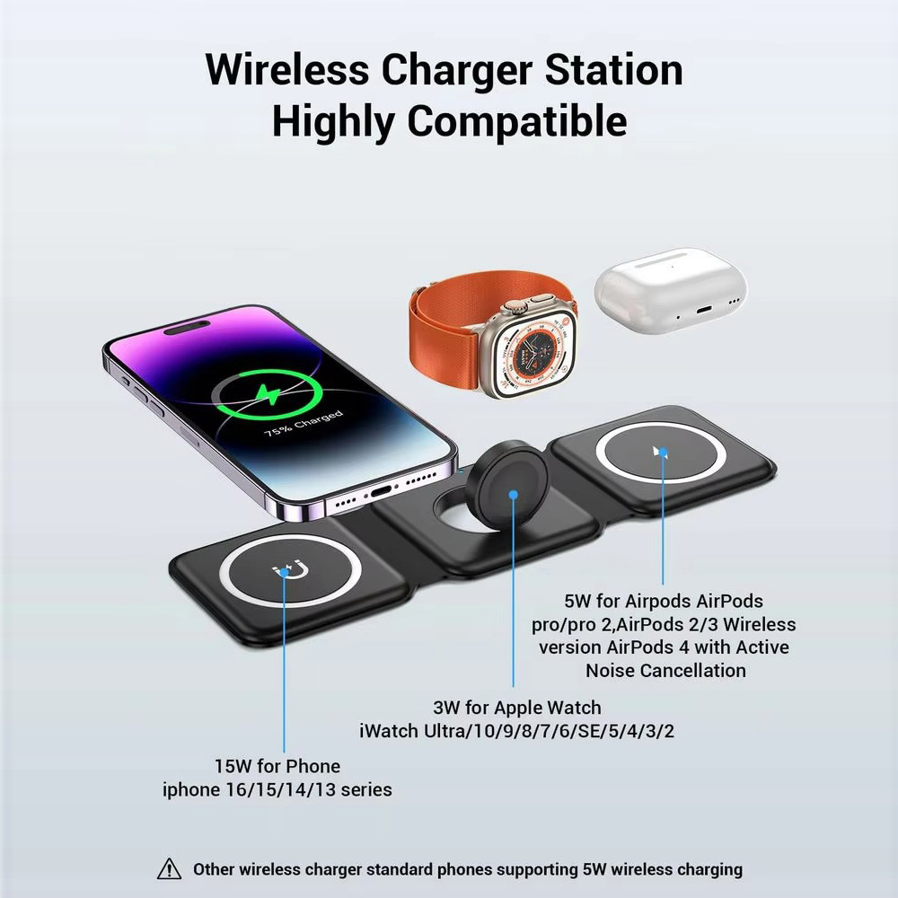 3-in-1 磁気折りたたみ式ワイヤレス充電器、15W急速充 - Watch Charger Cable のレビューと価格
