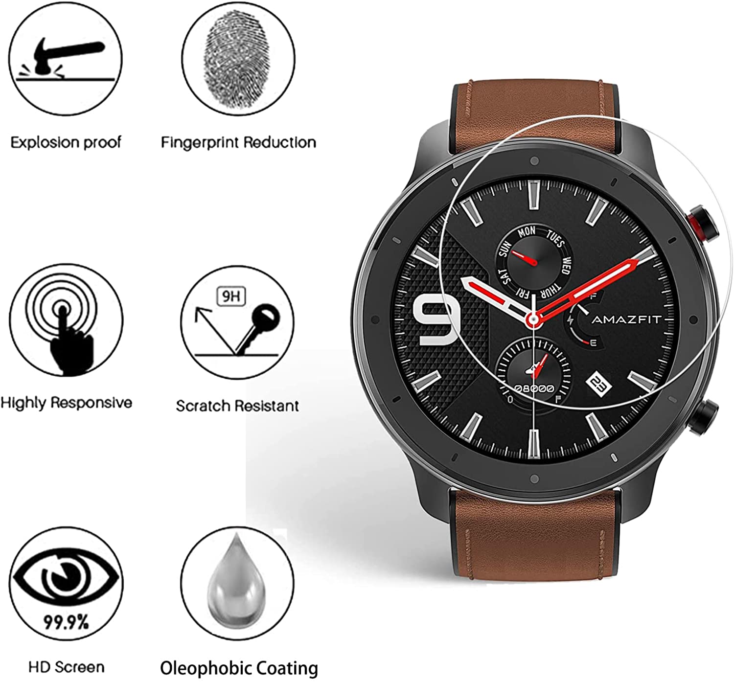 9H 強化ガラスフィルム Amazfit GTR 42 ミリ - Watch Face Protector のレビューと価格
